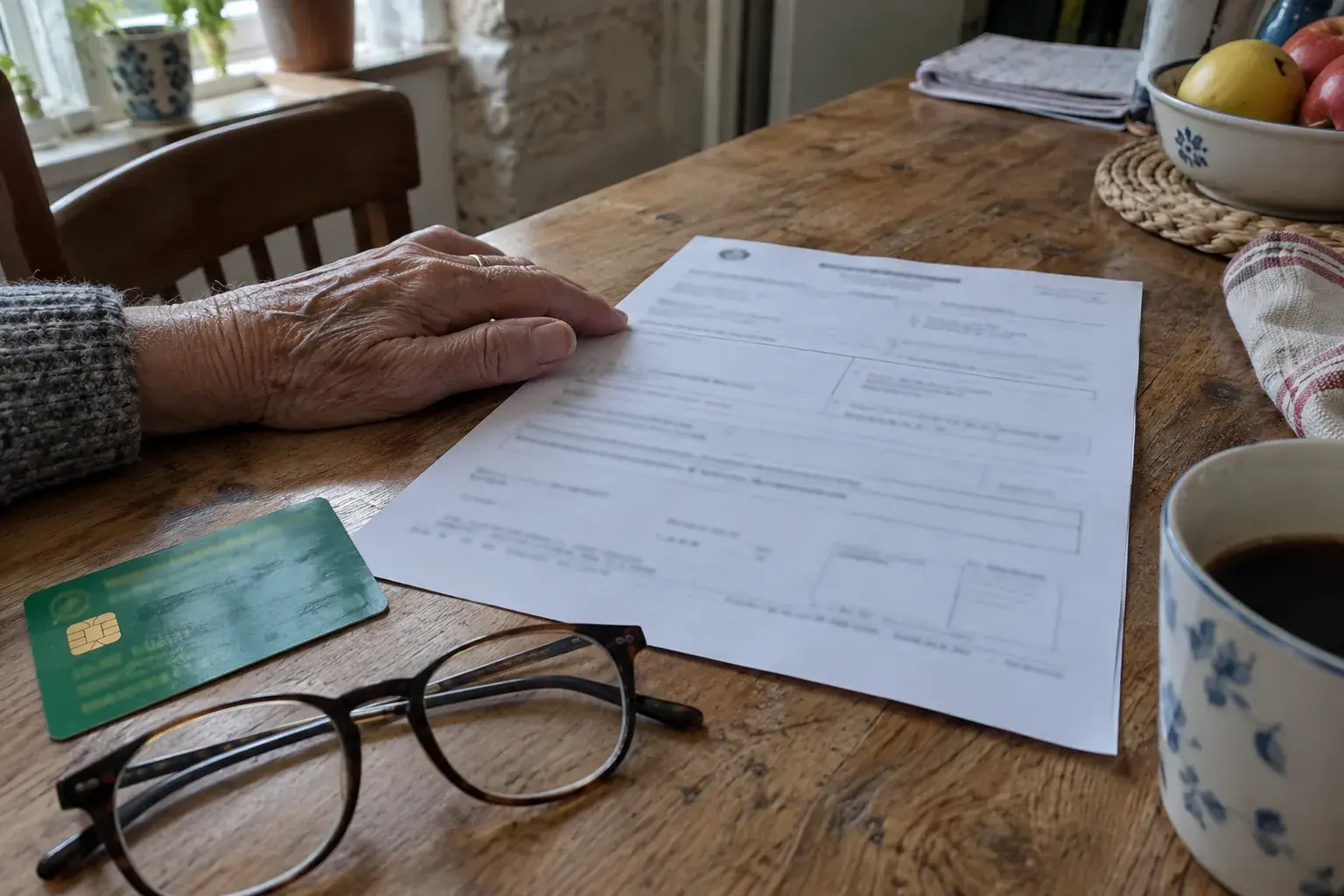 Une prescription médicale de transport et une carte Vitale posées sur une table de cuisine, une main âgée posée sur la feuille