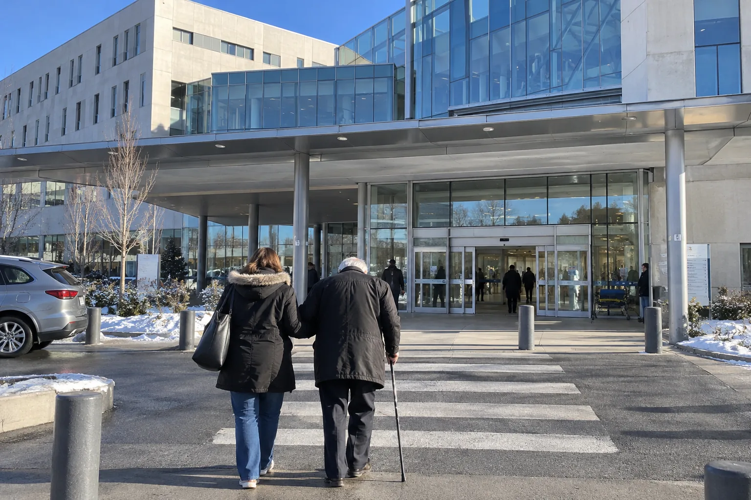 L’entrée d’un hôpital par un matin d’hiver ensoleillé, un patient âgé avec une canne et une accompagnatrice vus de dos sur le passage piéton