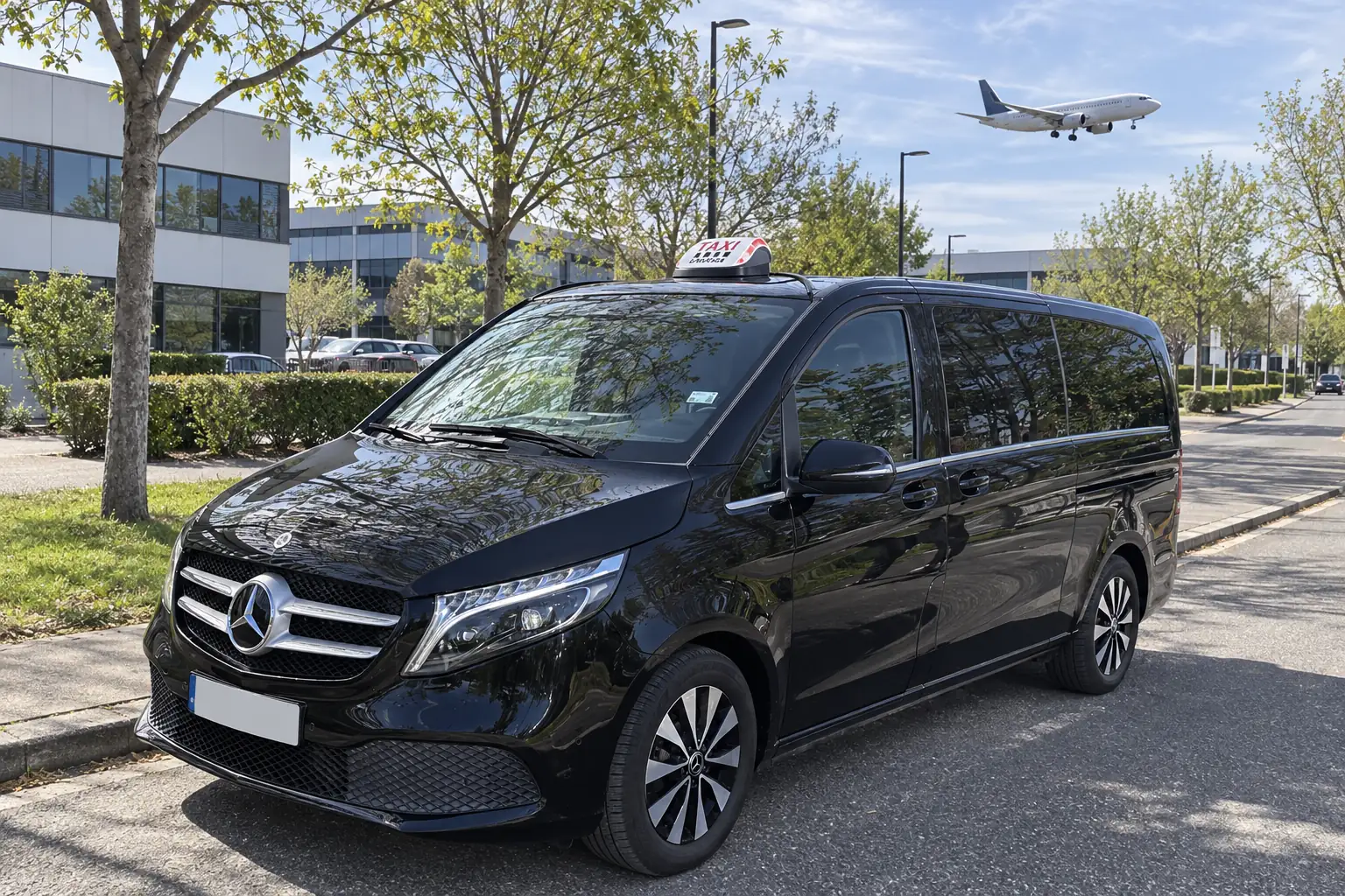La Classe V de VK Taxi sur une avenue arborée près de l’aéroport, un avion de ligne en approche dans le ciel