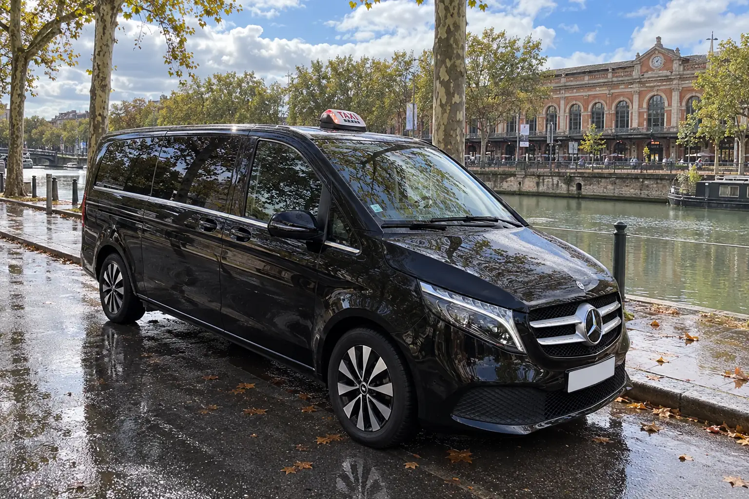 La Classe V de VK Taxi au bord du canal du Midi, la gare Matabiau en face