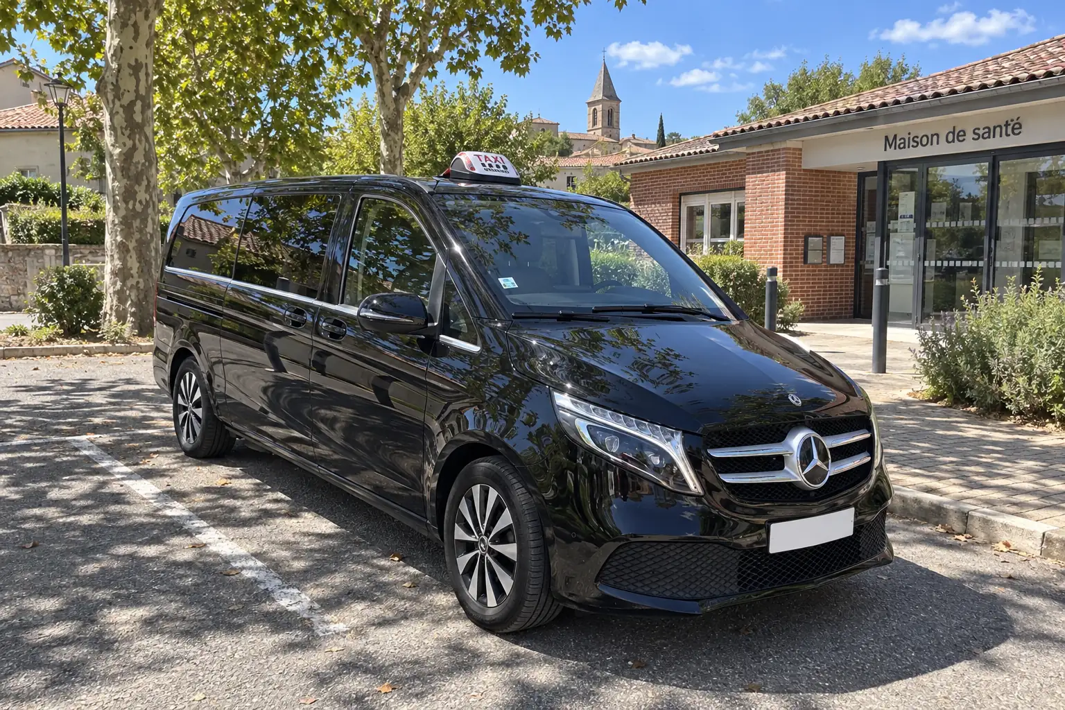 La Classe V de VK Taxi garée devant une maison de santé en brique d’un village du Lauraguais