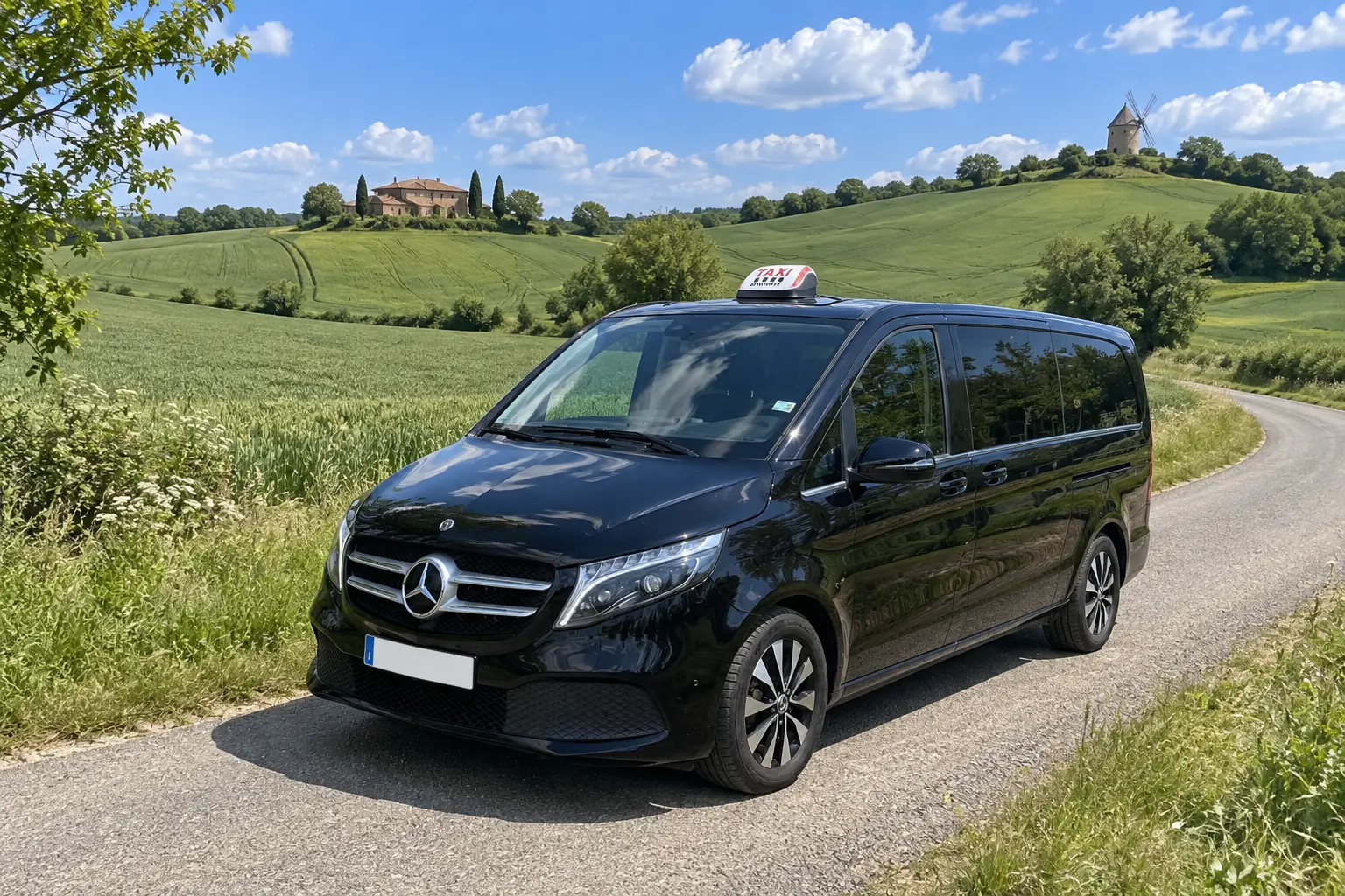 La Classe V de VK Taxi sur une petite route du Lauraguais, entre les champs de blé, un moulin sur la crête