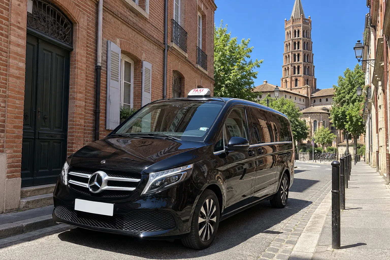 La Classe V de VK Taxi dans une rue de brique du centre de Toulouse, le clocher de la basilique Saint-Sernin derrière