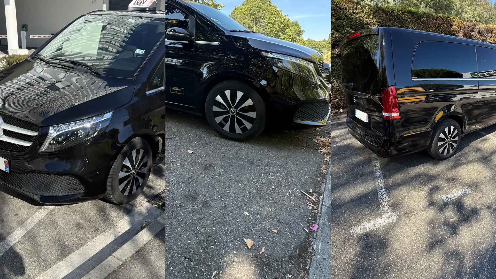 Trois vues du Classe V noir de VK Taxi et Services : de trois quarts avant, porte ouverte, de trois quarts arrière